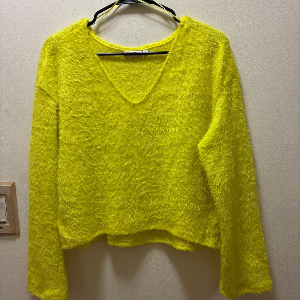 SO Bright Yellow Fuzzy V-Neck Sweater